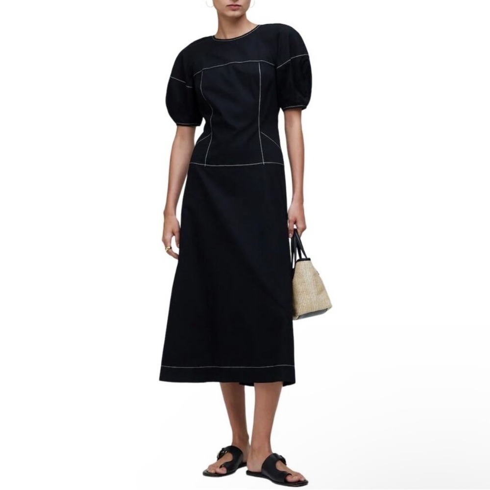 NWT MADEWELL Puff-Sleeve Drop-Waist Midi Dress Black 6